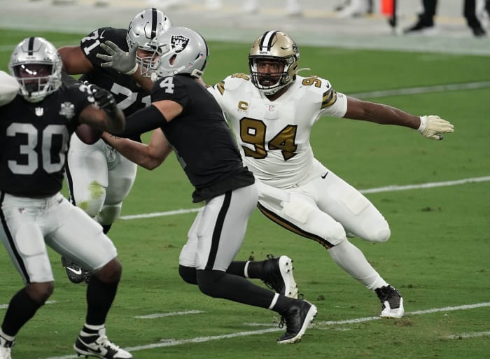 Sep 21, 2020; Las Vegas Raiders defensive end Cam Jordan (94) pressures Las Vegas Raiders quarterback Derek Carr (4). Mandatory Credit: Kirby Lee-USA TODAY Sports
